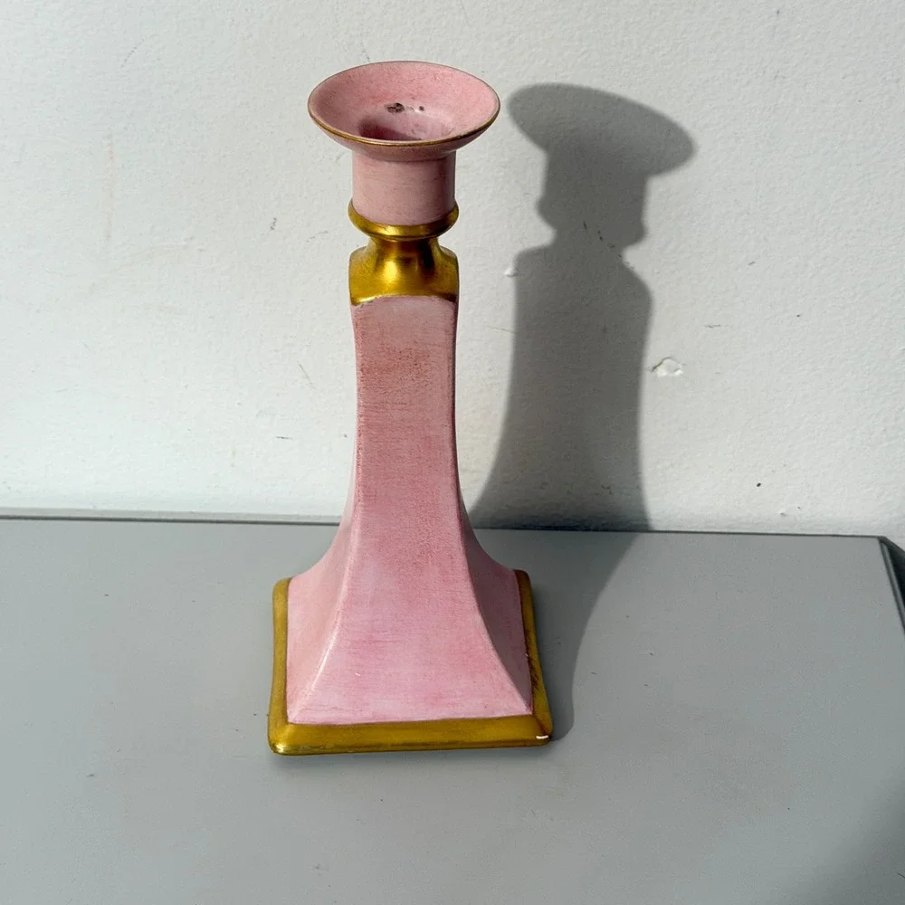 B & Co Limoges Candlestick Holder Pink Antique 1918 Gold Gilt France